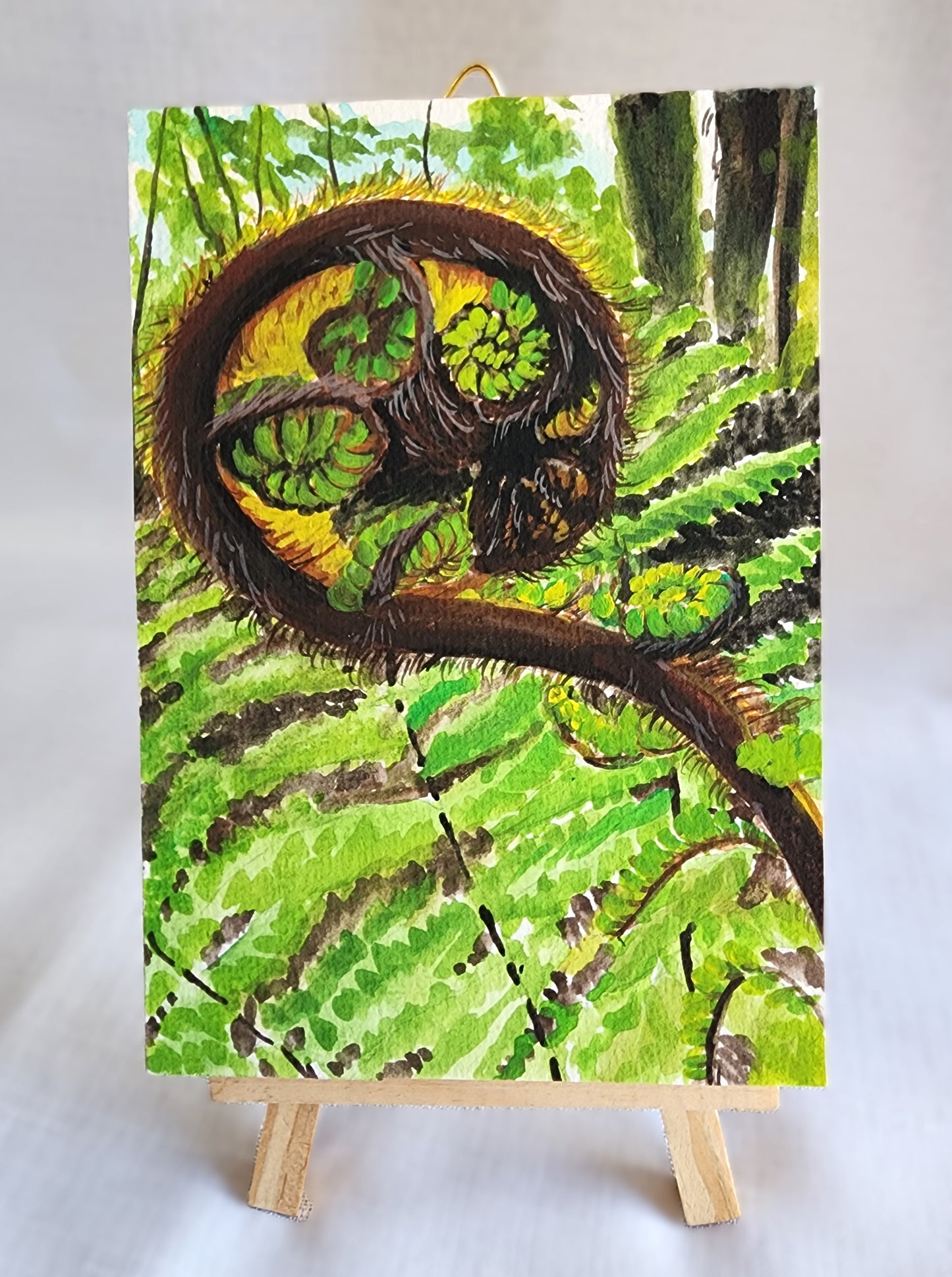 Watercolour and gouache original landscape - Koru Frond, Taupo, New Zealand
