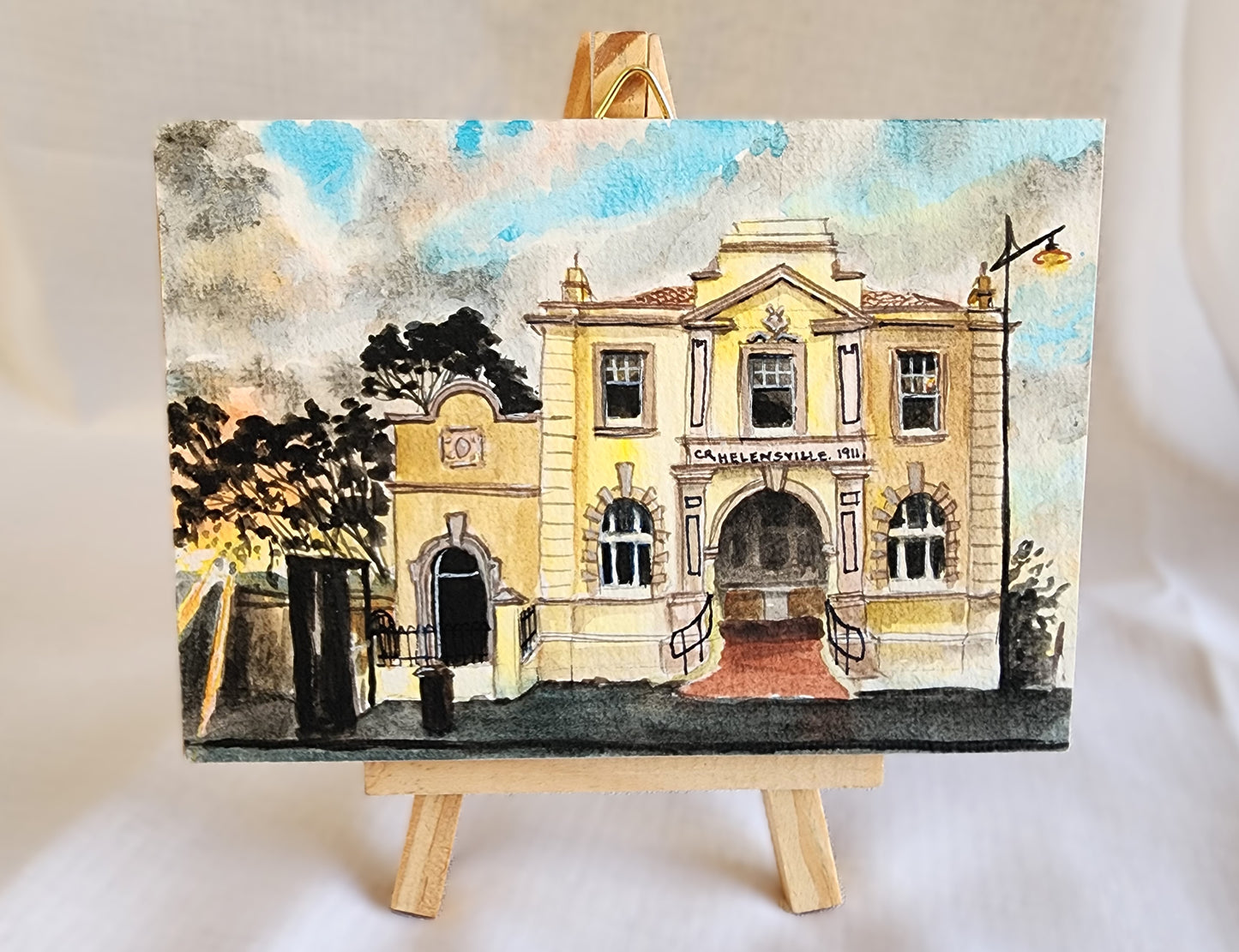 Watercolour and gouache original landscape - Helensville Post Office, NZ