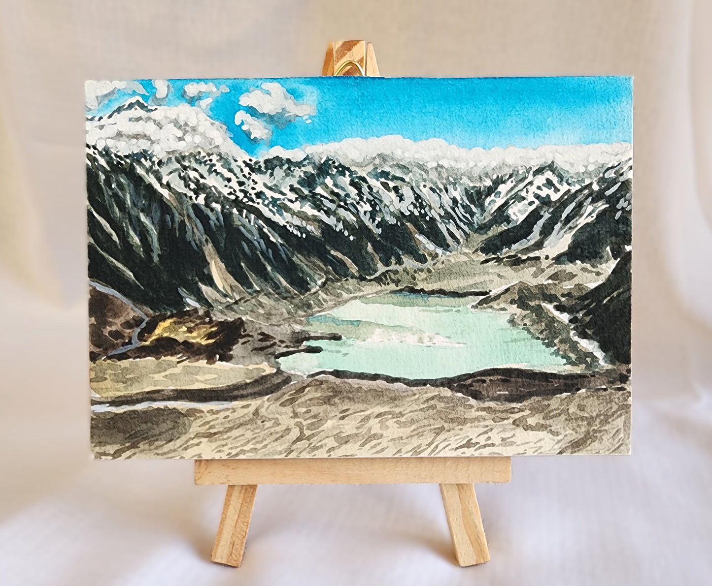 Watercolour and gouache original landscape - Tasman Glacier, NZ
