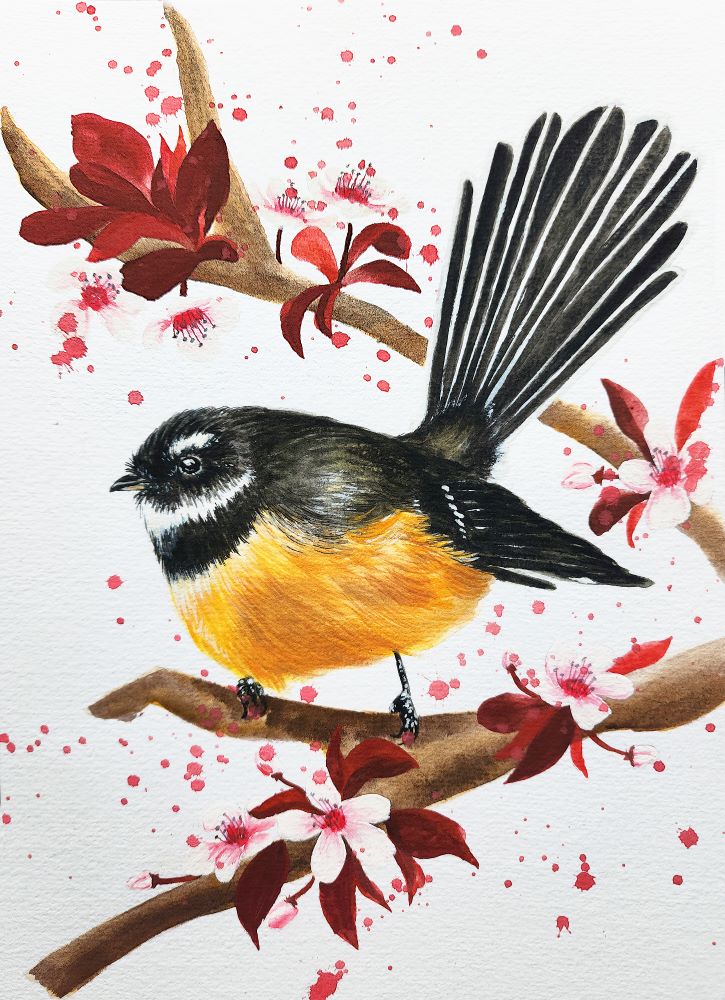 Gouache A5 Print - Piwakawaka and cherry blossom