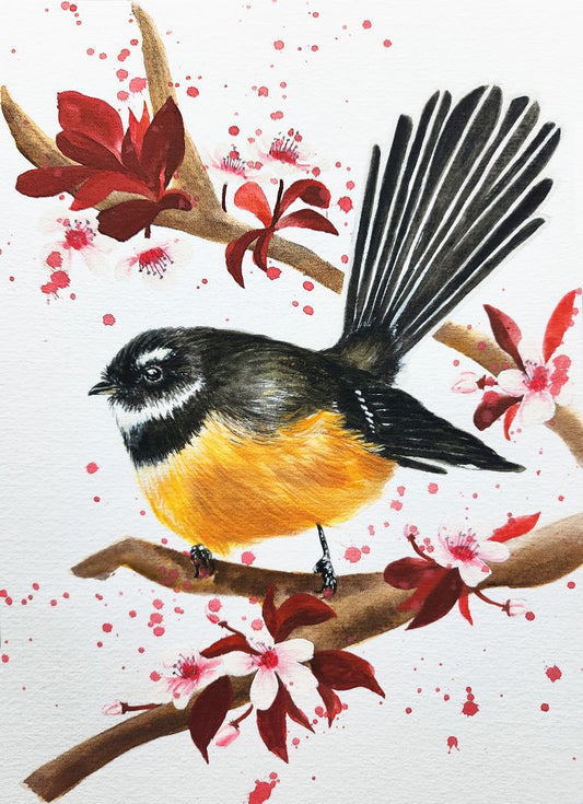 Gouache A5 Print - Piwakawaka and cherry blossom