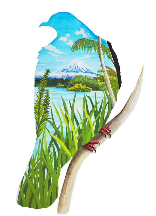 Gouache A4 Print - Kereru Mountain view silhouette