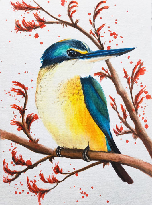 Gouache A5 Print - Kōtare and Harakeke