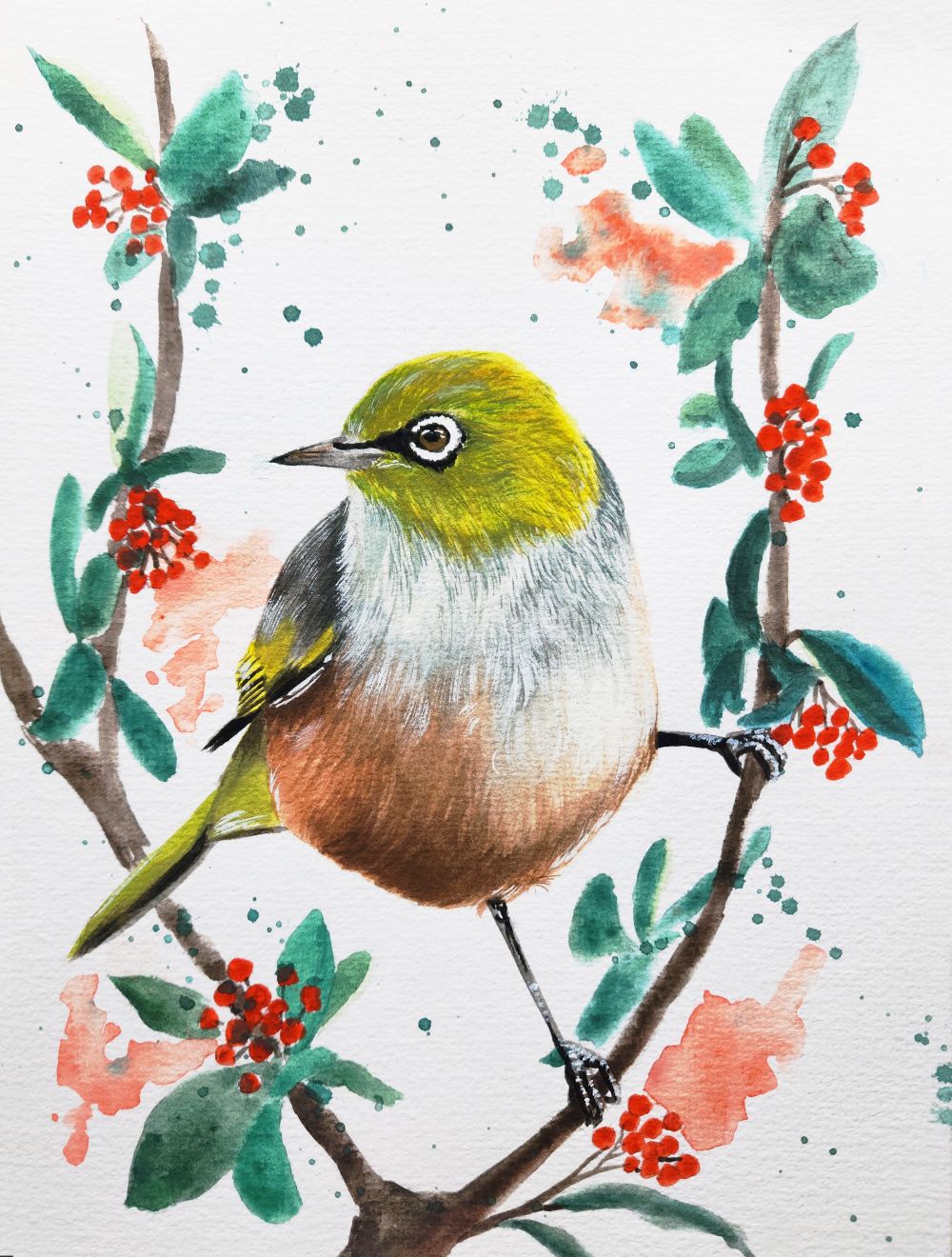 Gouache A5 Print - Tauhou on karamū branch