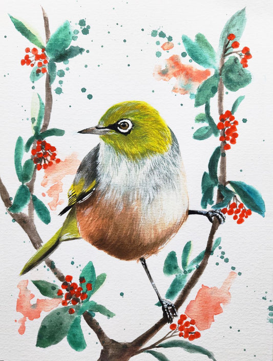 Gouache A5 Print - Tauhou on karamū branch