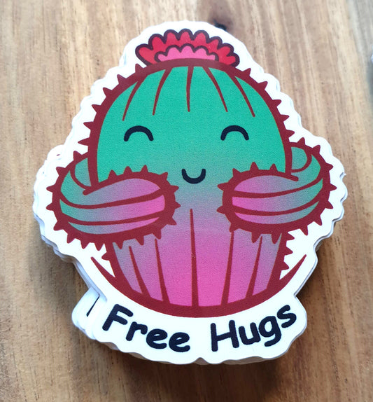 Cactus Sticker - "Free Hugs" - red and green