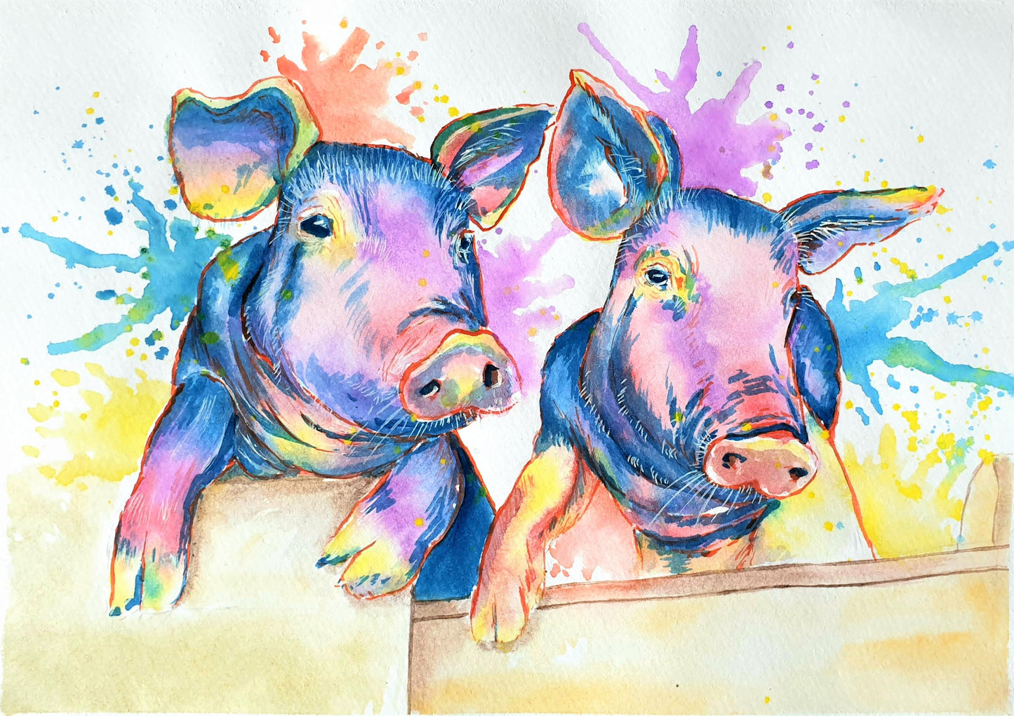 Watercolour A4 Print - Rainbow Pigs